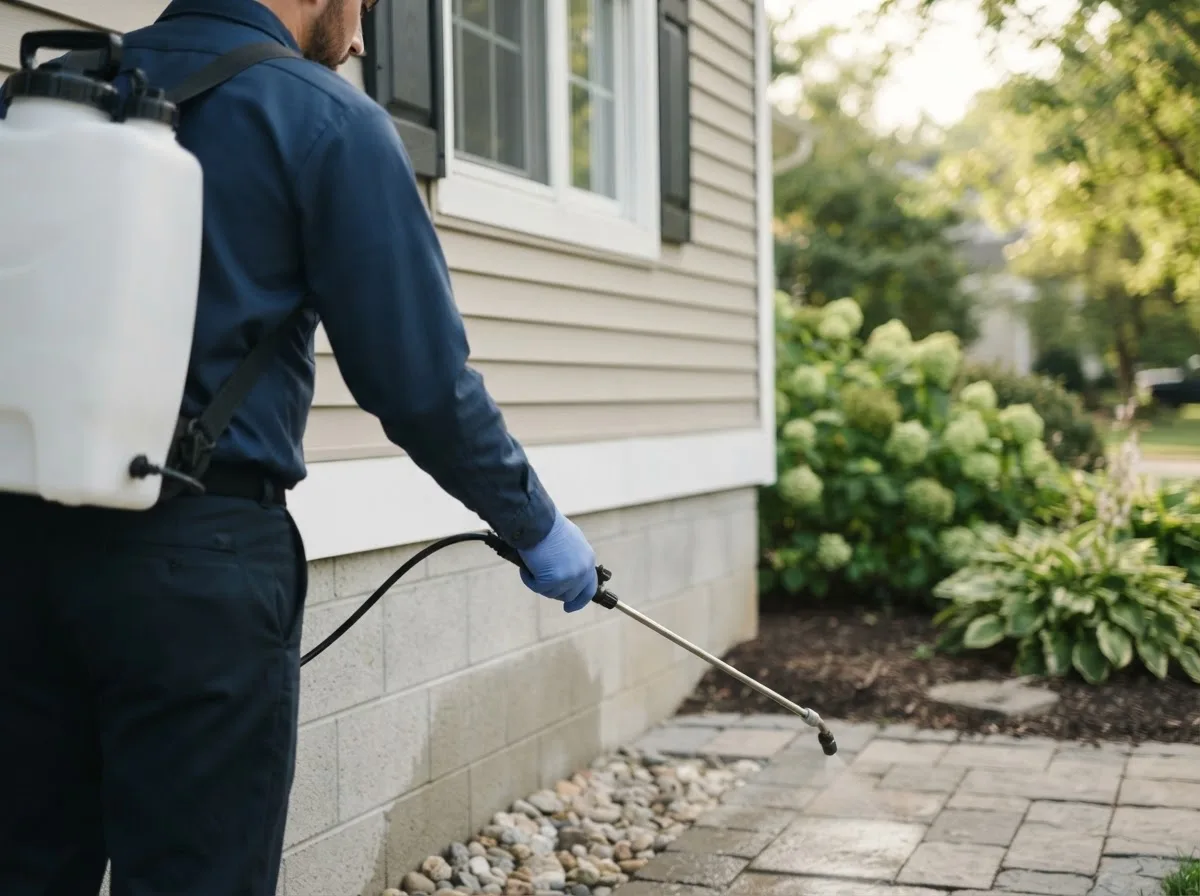 Pest control technician inspecting a home in Paeonian Springs, VA